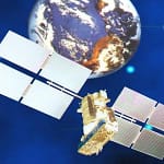 GPS system satellite floating in space above planet earth